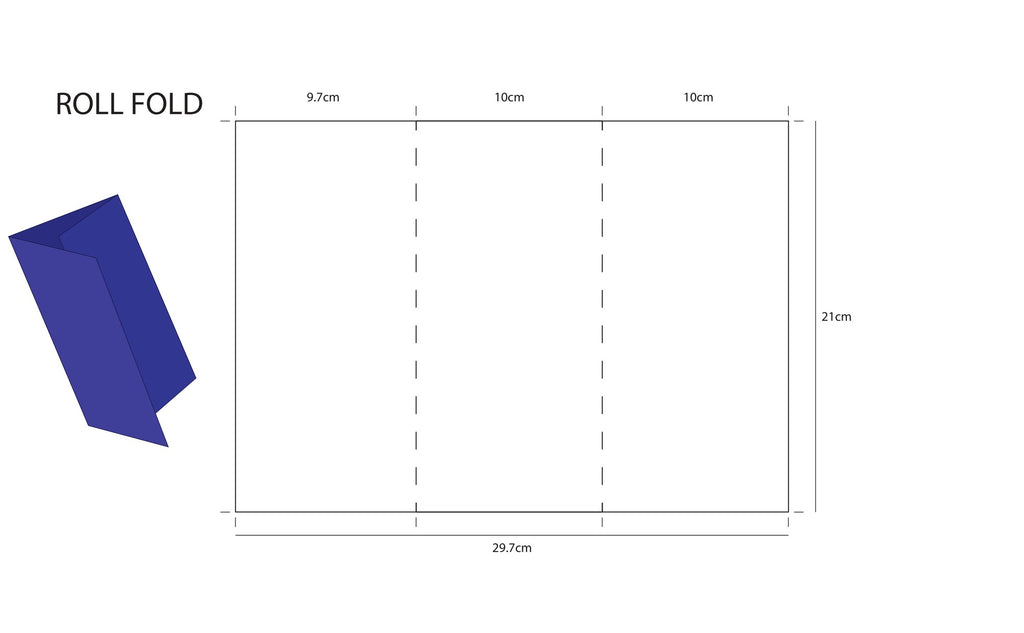 A folding template diagram showing a rectangular sheet with dashed fold lines and measurements, plus a blue folded paper sample on a white background.