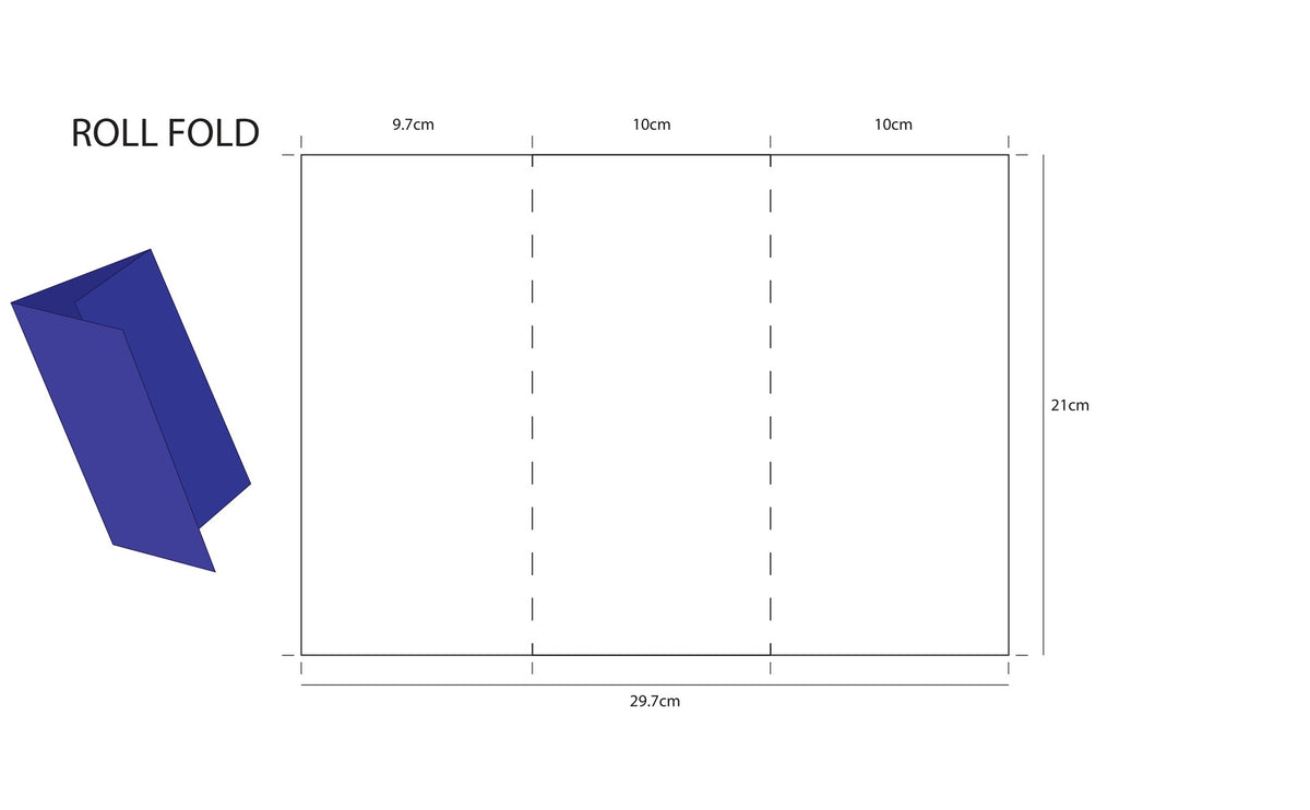 A folding template diagram showing a rectangular sheet with dashed fold lines and measurements, plus a blue folded paper sample on a white background.
