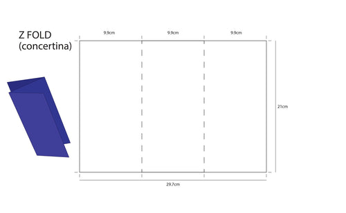 A diagram showing a Z Fold concertina paper template with dimensions labeled 9.9cm x 3 panels and a total height of 21cm, plus a blue folded paper preview on a white background.