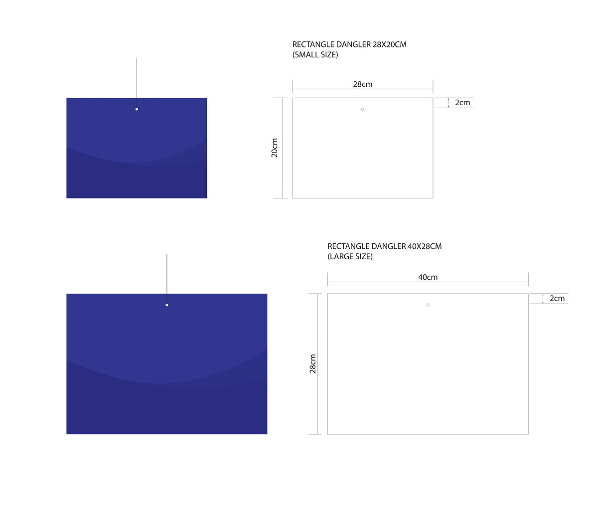A product sizing diagram showing two rectangular dangle bags, one small and one large, with labeled dimensions and simple line drawings on a white background.