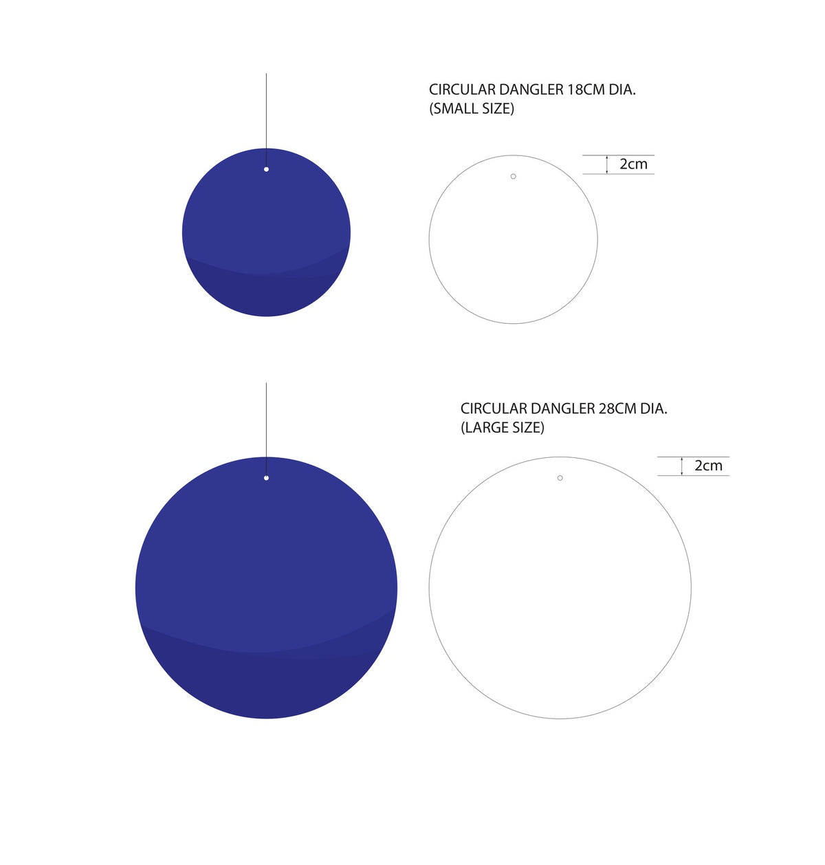 A product diagram showing two circular dangle ornaments in navy blue, labeled as 18cm diameter (small) and 28cm diameter (large), with white outline circles indicating the hanging attachment points and a 2cm measurement callout on a plain white background.