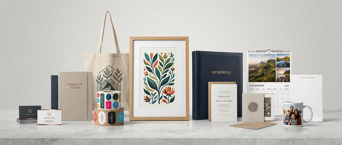A styled flat-lay of a cohesive stationery and gift set on a light marble surface against a neutral light gray background. The set includes a beige tote bag, a framed botanical art print in a light wood frame, a navy blue hardcover book, a small photo album, a calendar, a ceramic mug with a printed photo, and various matching cards and boxes.