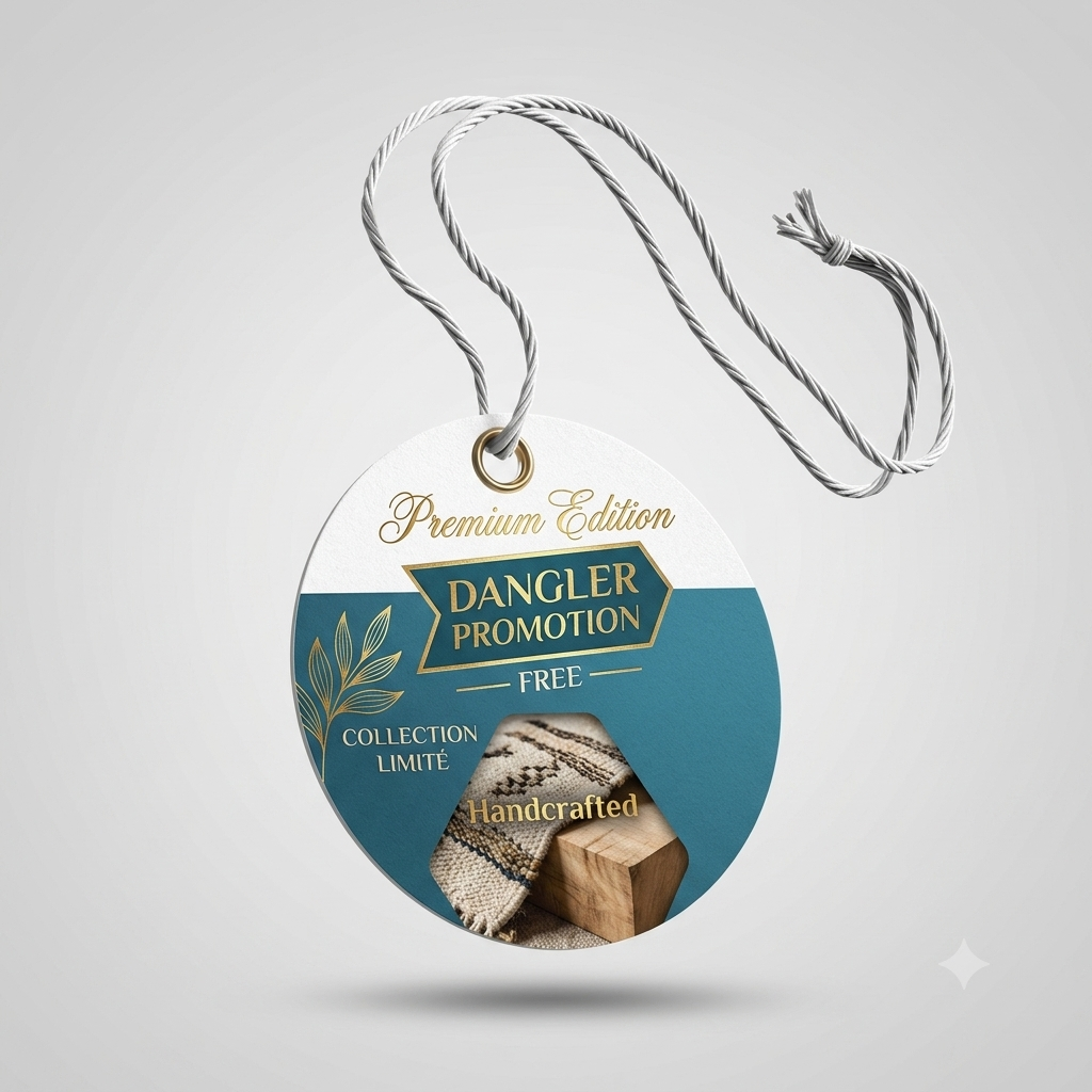 A round promotional hang tag with a hanging string, featuring a white and teal design with gold text reading 'Premium Edition', 'Dangler Promotion', 'Free', and 'Handcrafted'. The tag includes decorative leaf graphics and a small product photo near the bottom, shown on a light gray background.