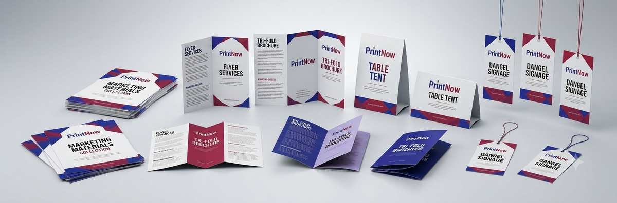 A collection of printed marketing materials and sample cards displayed on a light gray studio background, including folded brochures, A5-style table tents, hanging cards, and small tags in white, blue, and red.