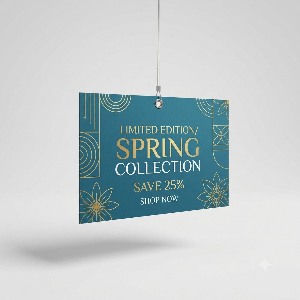 A rectangular promotional hanging card for a 'Limited Edition Spring Collection' with gold and white text on a teal background, suspended by a thin cord against a light gray studio backdrop.
