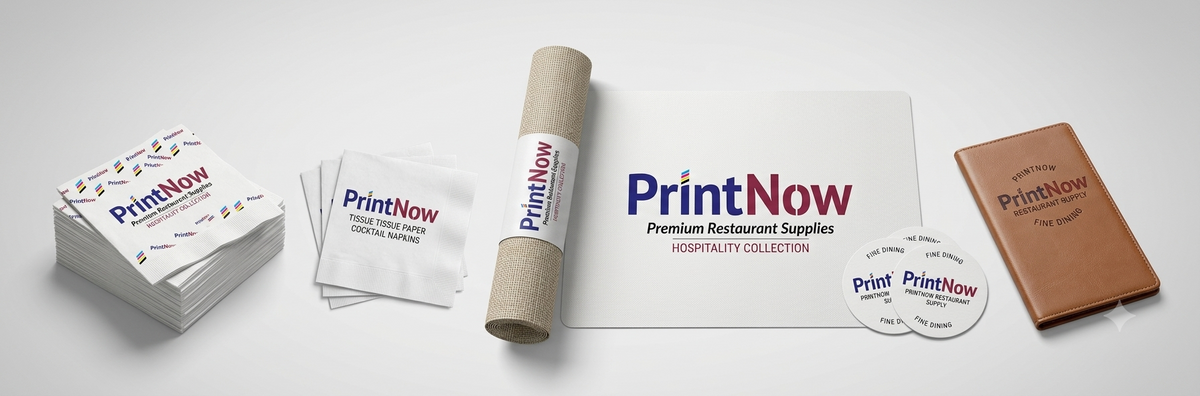 A mockup display of a hospitality branding set featuring a rolled-up kraft paper sleeve, a stack of white branded business cards, a stack of white napkins, a circular coaster, and a brown leather notebook, all printed with the 'PrintNow' logo on a light gray background.