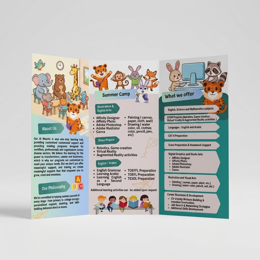 A three-panel tri-fold brochure for an educational program, displayed on a light gray background. The brochure features colorful cartoon tiger illustrations, photos of children, and sections detailing 'About Us', 'Summer Camp', and 'What we offer'.