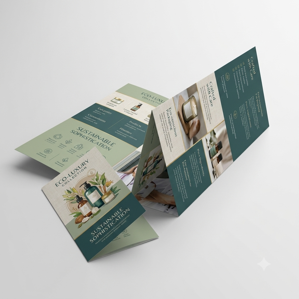 An open tri-fold brochure or flyer for 'Eco-Luxury Sotheby's' is displayed on a light gray background. The design features sage green and deep teal sections with text about sustainable skincare, accompanied by illustrations of botanical elements and product imagery.