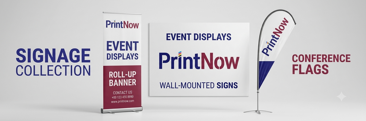 PrintNow event display signage collection including a roll-up banner, a wall-mounted sign, and a feather flag, shown on a light gray background with text labels.