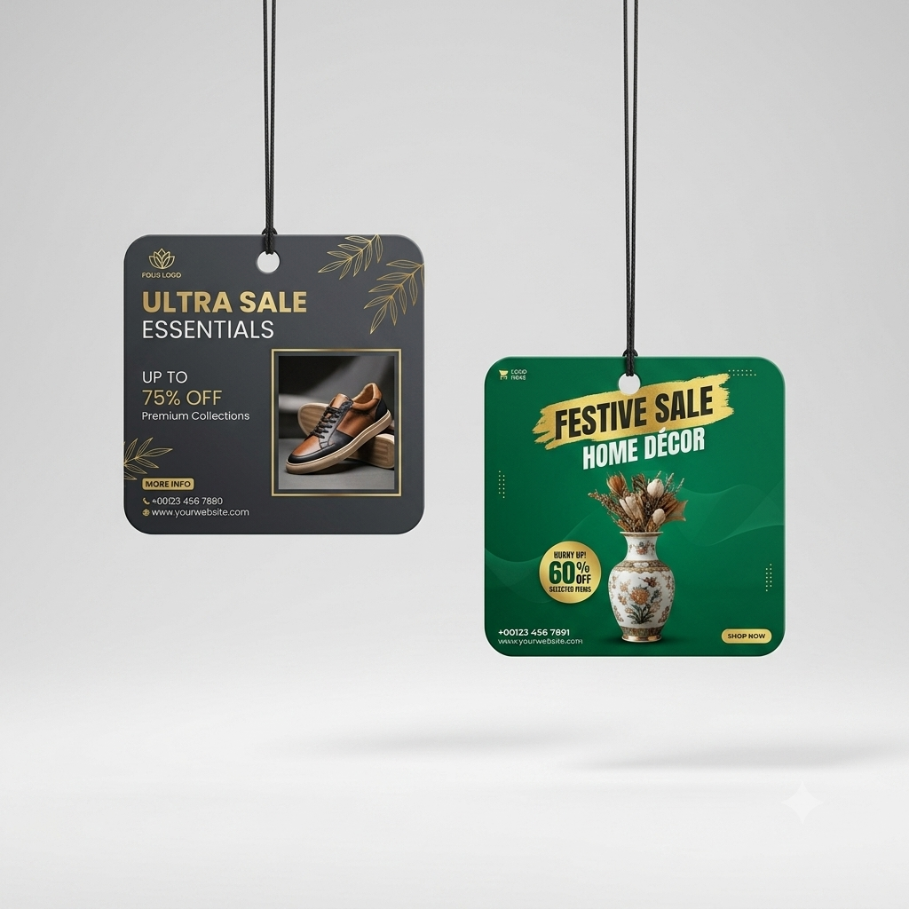 Two retail sale tags hanging from black strings against a light gray gradient background. The left tag is dark gray with gold text reading 'ULTRA SALE ESSENTIALS' and shows a pair of brown shoes.