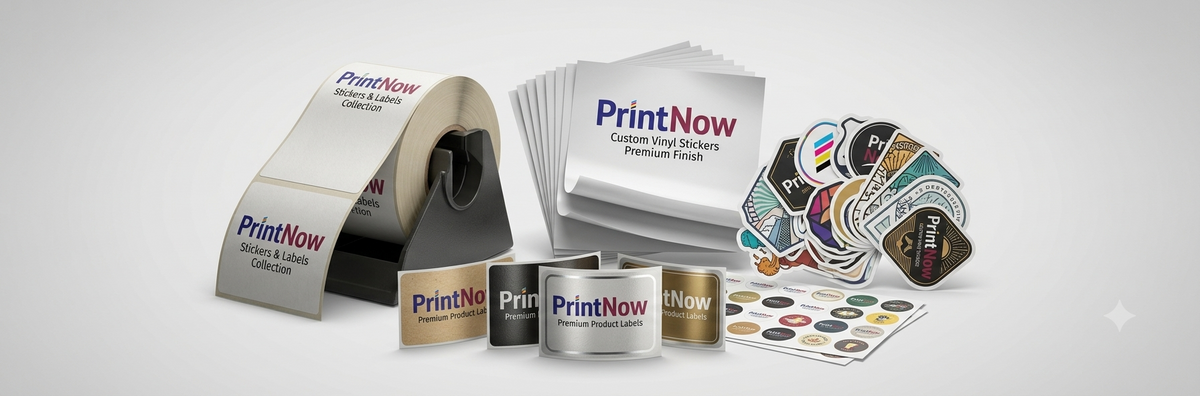 A collection of PrintNow branded printing and labeling supplies, including rolls of label tape, a roll of white paper, small sample boxes, and a fan of circular stickers or swatches, arranged on a light gray background.